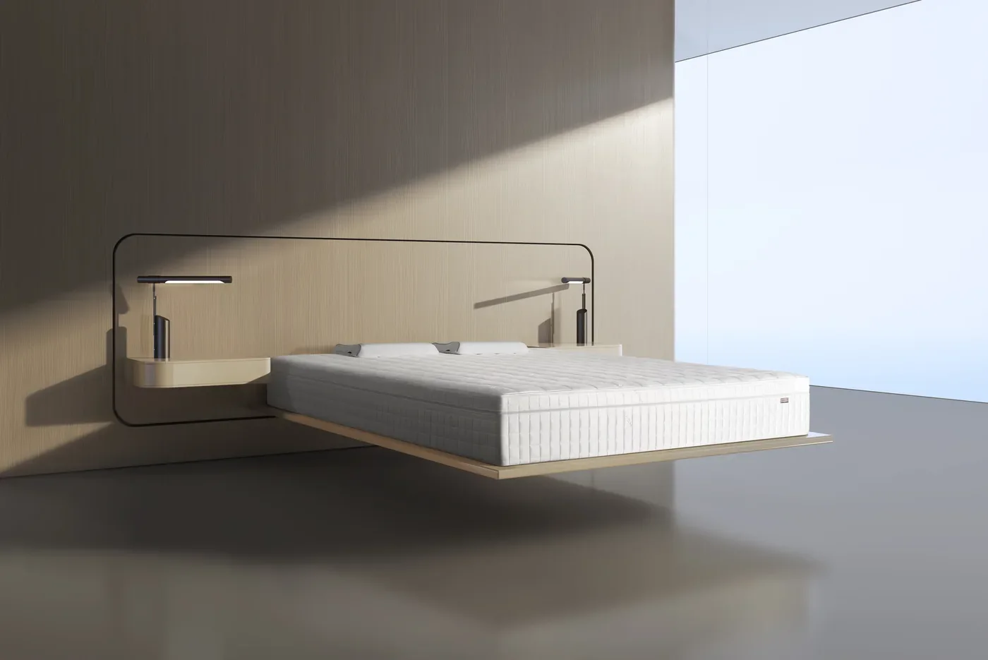 A minimalist bedroom with the HEKA AI Mattress on a floating bed platform