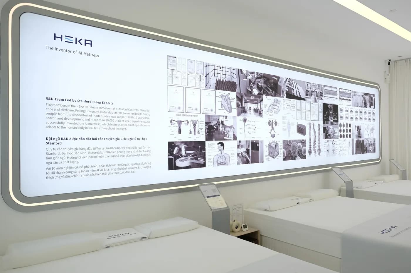 The research wall at the HEKA Experience Center Sala, presenting the R&D team and the scientific work