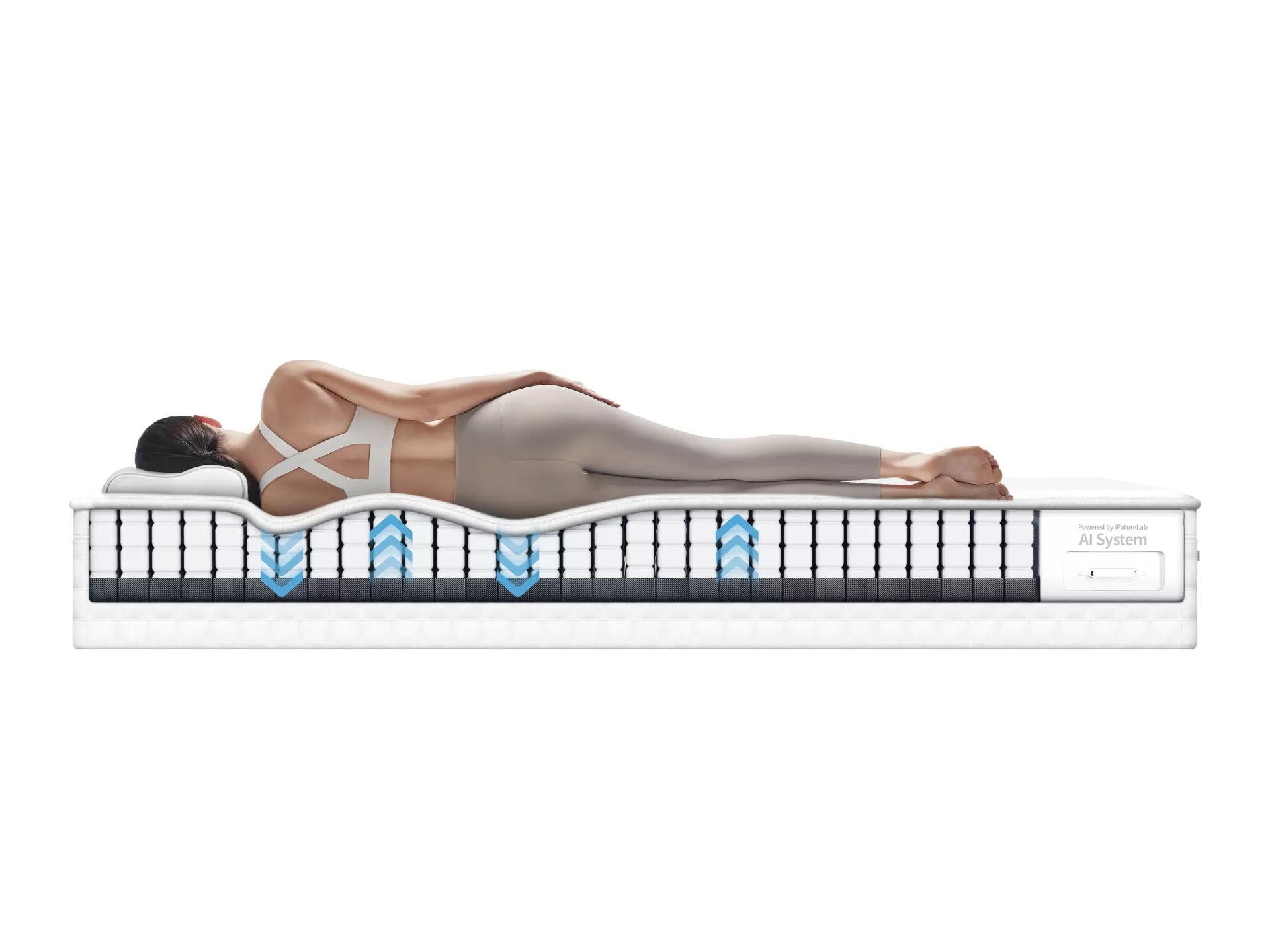 Cross-section of the AI mattress as the body turns onto its side: the system keeps fine-tuning to the new state of contact