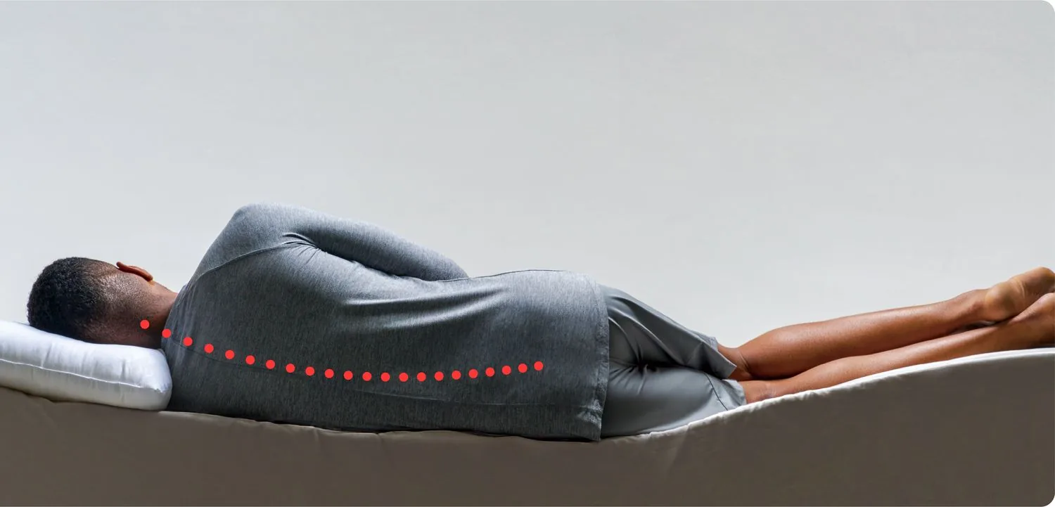 A person lying on their side on a soft mattress, a dotted red line marking the axis of the body at the shoulder and hip