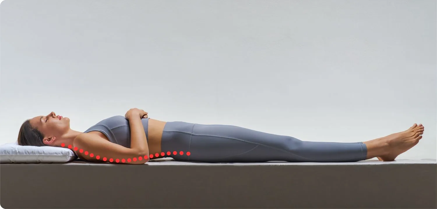 A person lying on their back on a firm mattress, a dotted red line marking the axis of the body at the neck, shoulders and lower back