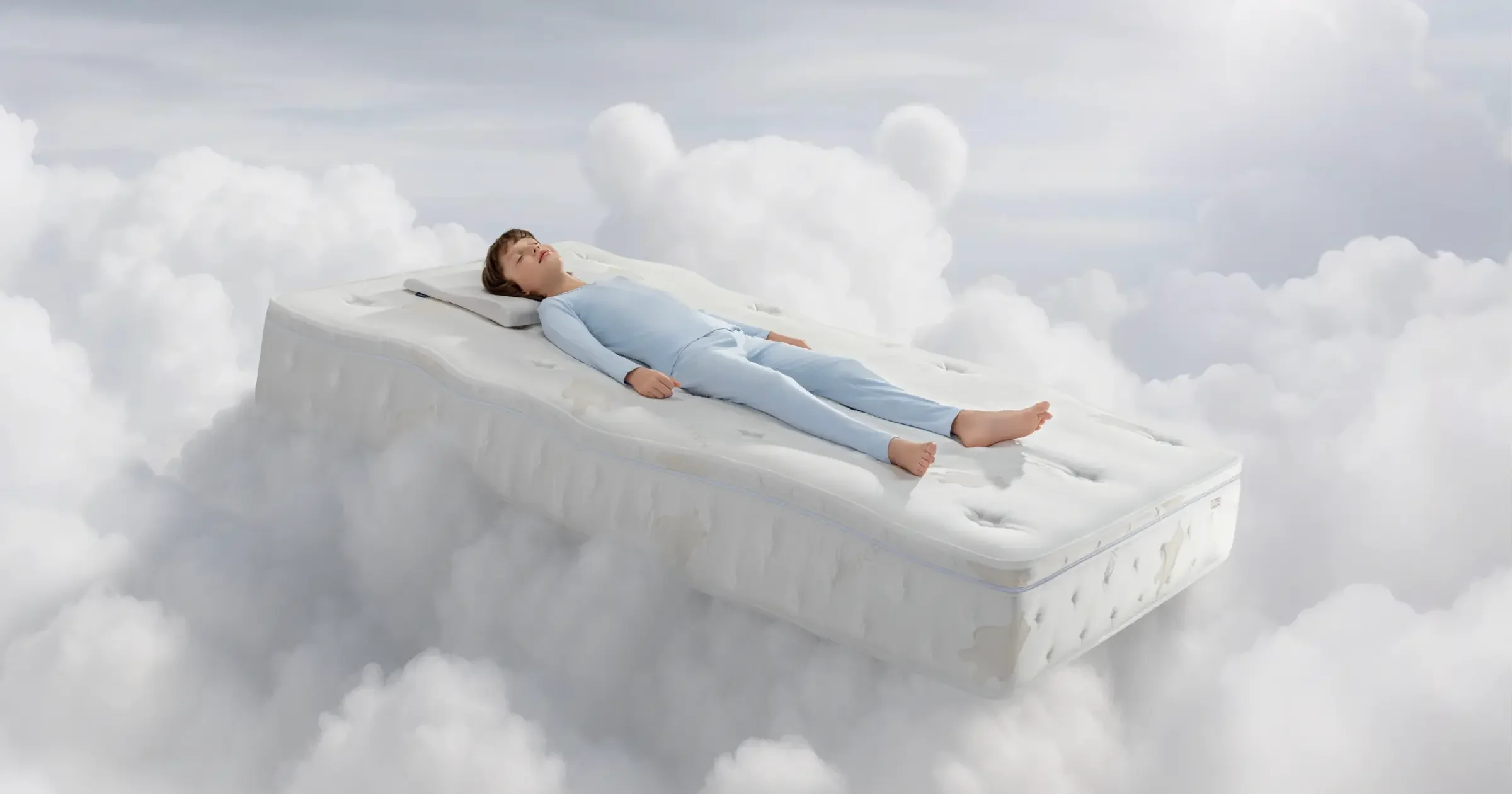 A child sleeping soundly on their back on the HEKA AI Mattress among the clouds