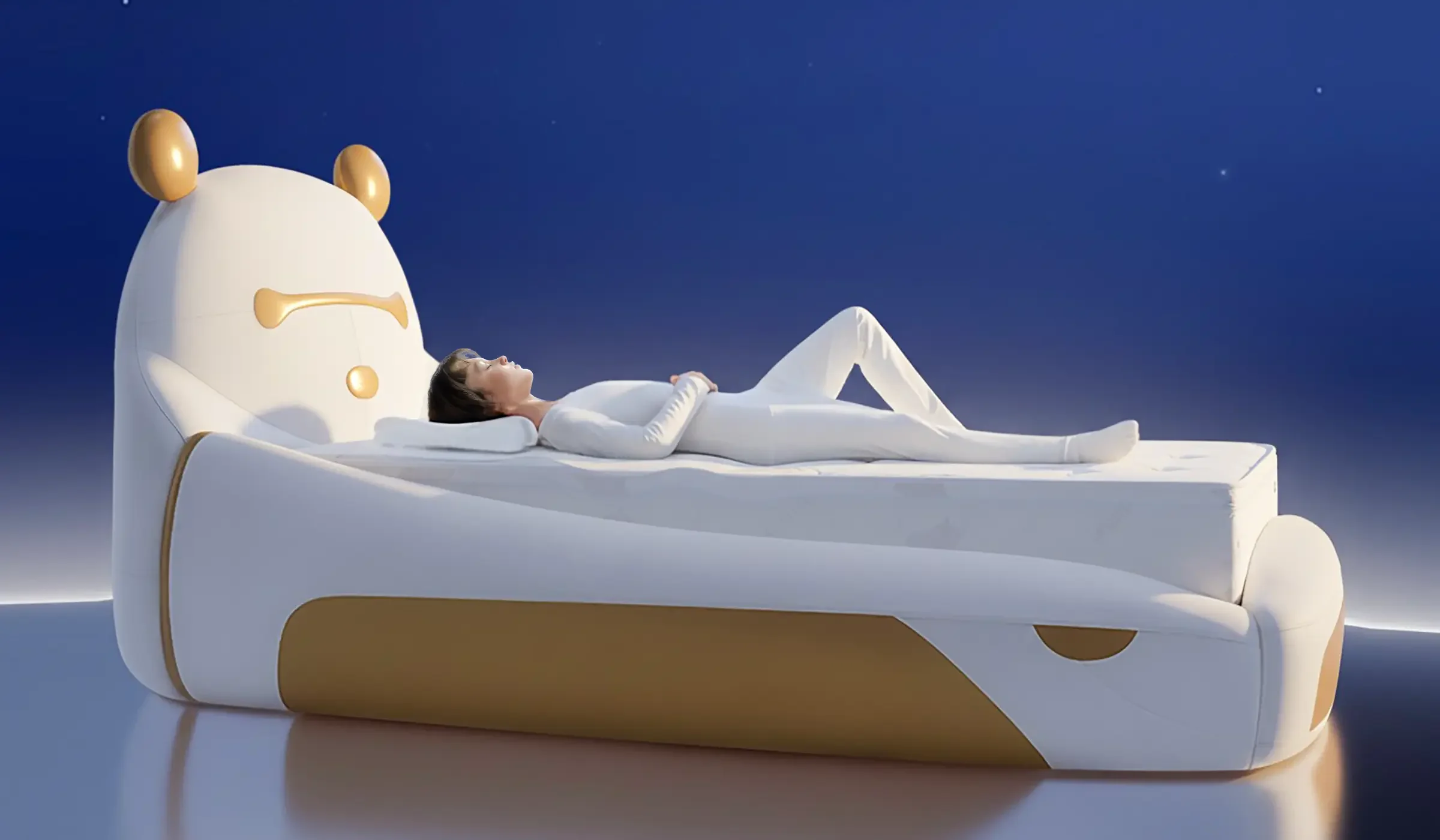 A child asleep on the HEKA AI Mattress, on a bear-shaped bed in blue light