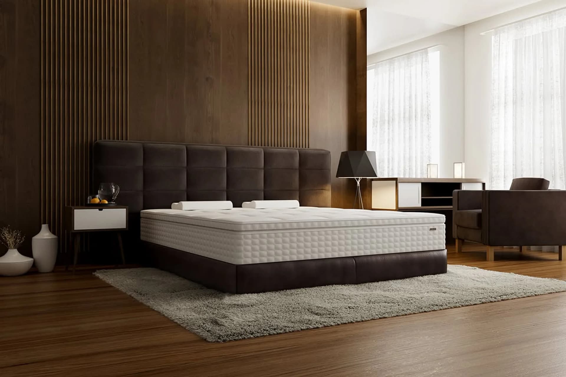 Nệm AI HEKA UU Series trên giường đầu bọc nệm nâu sẫm, phòng ngủ ốp gỗ