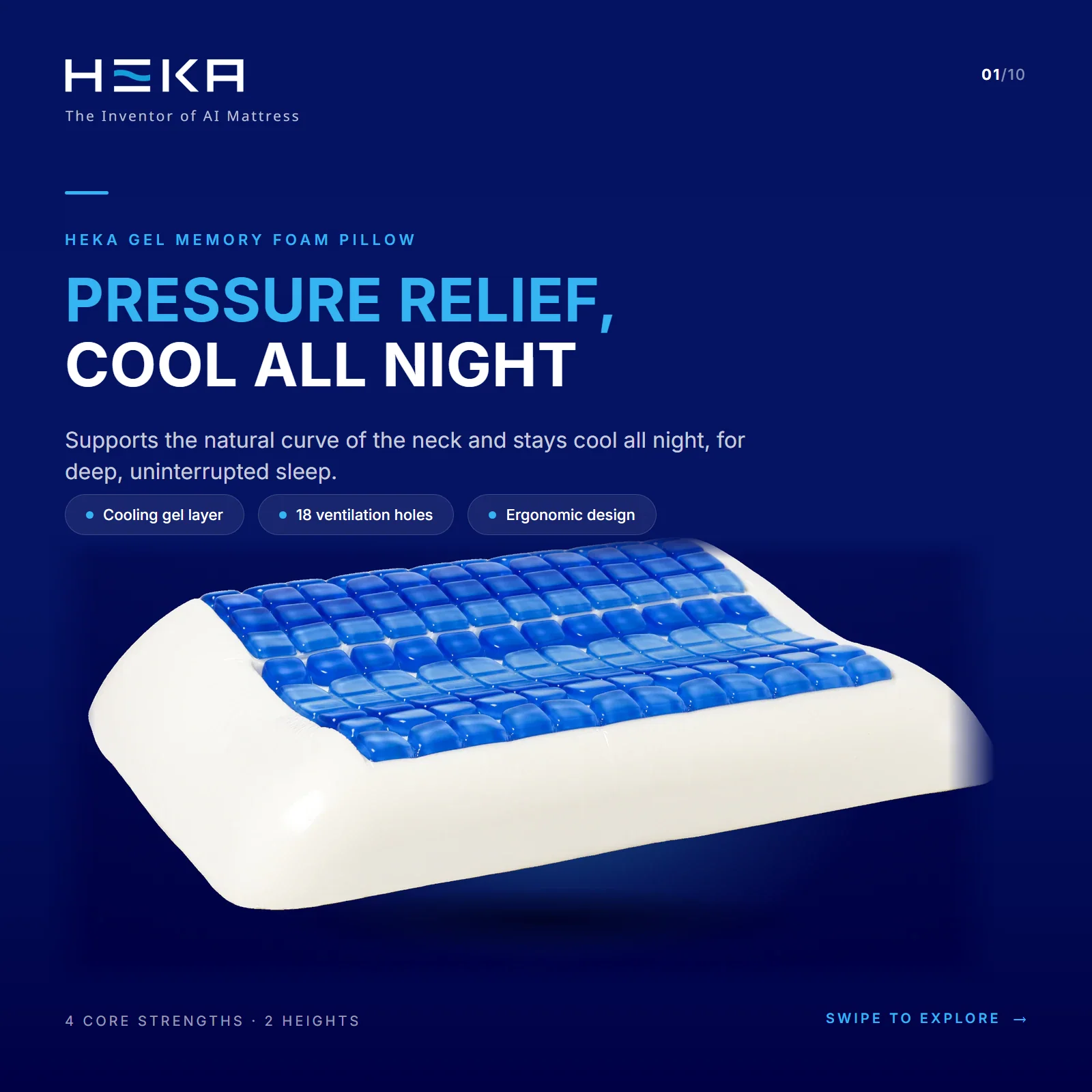 HEKA Gel Memory Foam Pillow: pressure relief and a cool night, with a cooling gel layer, 18 ventilation holes and an ergonomic design