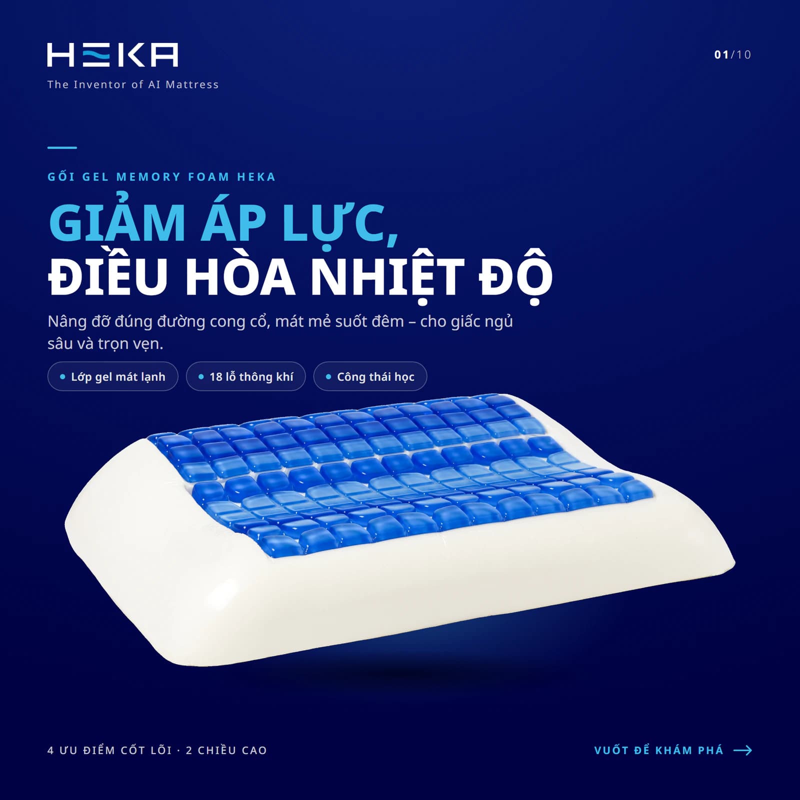 Gối Gel Memory Foam HEKA giảm áp lực, điều hoà nhiệt độ
