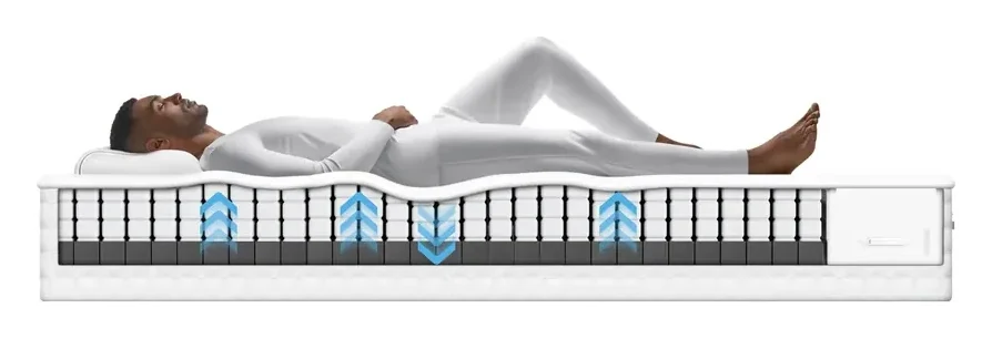 Mặt cắt nệm AI HEKA khi nằm ngửa: cột nâng đỡ AI vùng vai và thắt lưng nâng lên, vùng hông hạ xuống