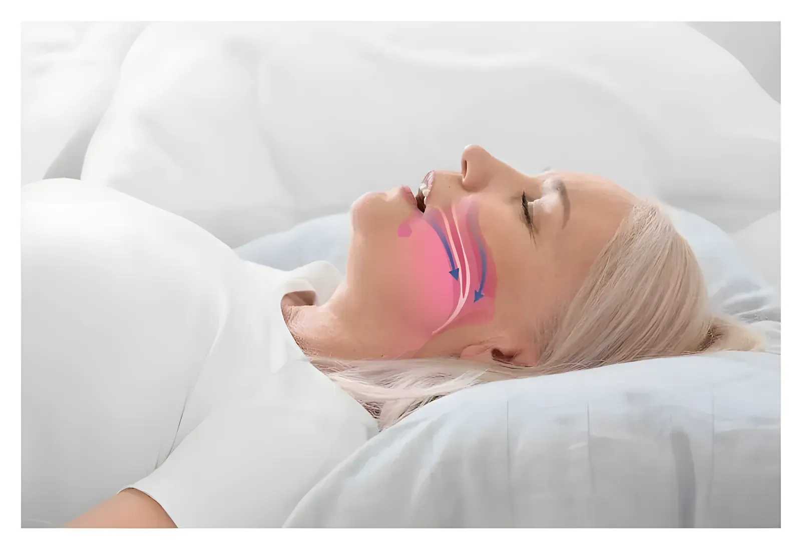 Người phụ nữ nằm ngửa nhắm mắt, mô phỏng luồng khí hít thở đi qua mũi miệng và cổ họng