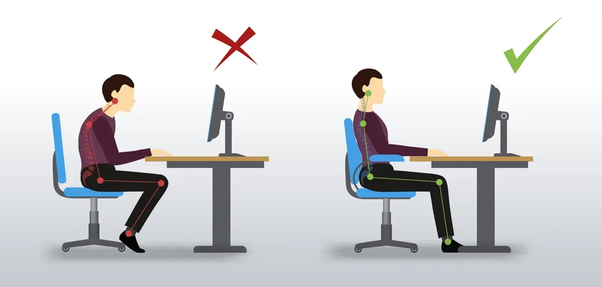 Tư thế ngồi làm việc sai và đúng trước máy tính