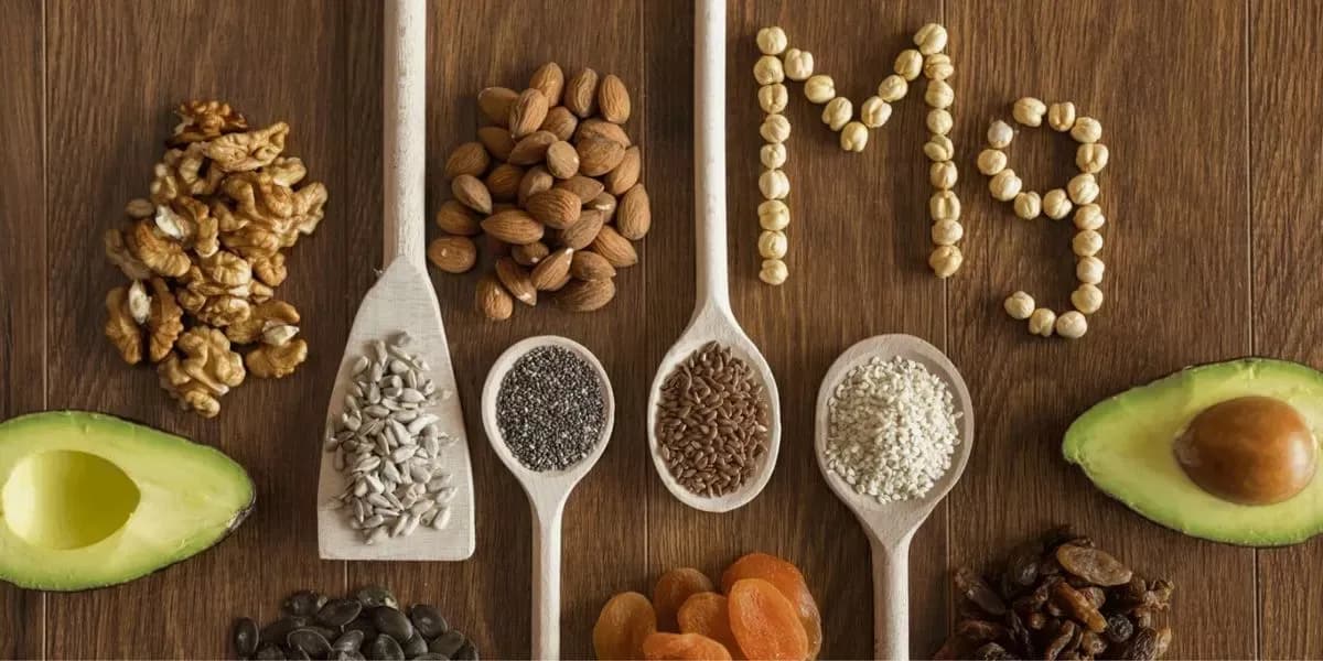 Thực phẩm giàu magie: các loại hạt, bơ, trái cây sấy và chữ Mg xếp bằng hạt đậu gà