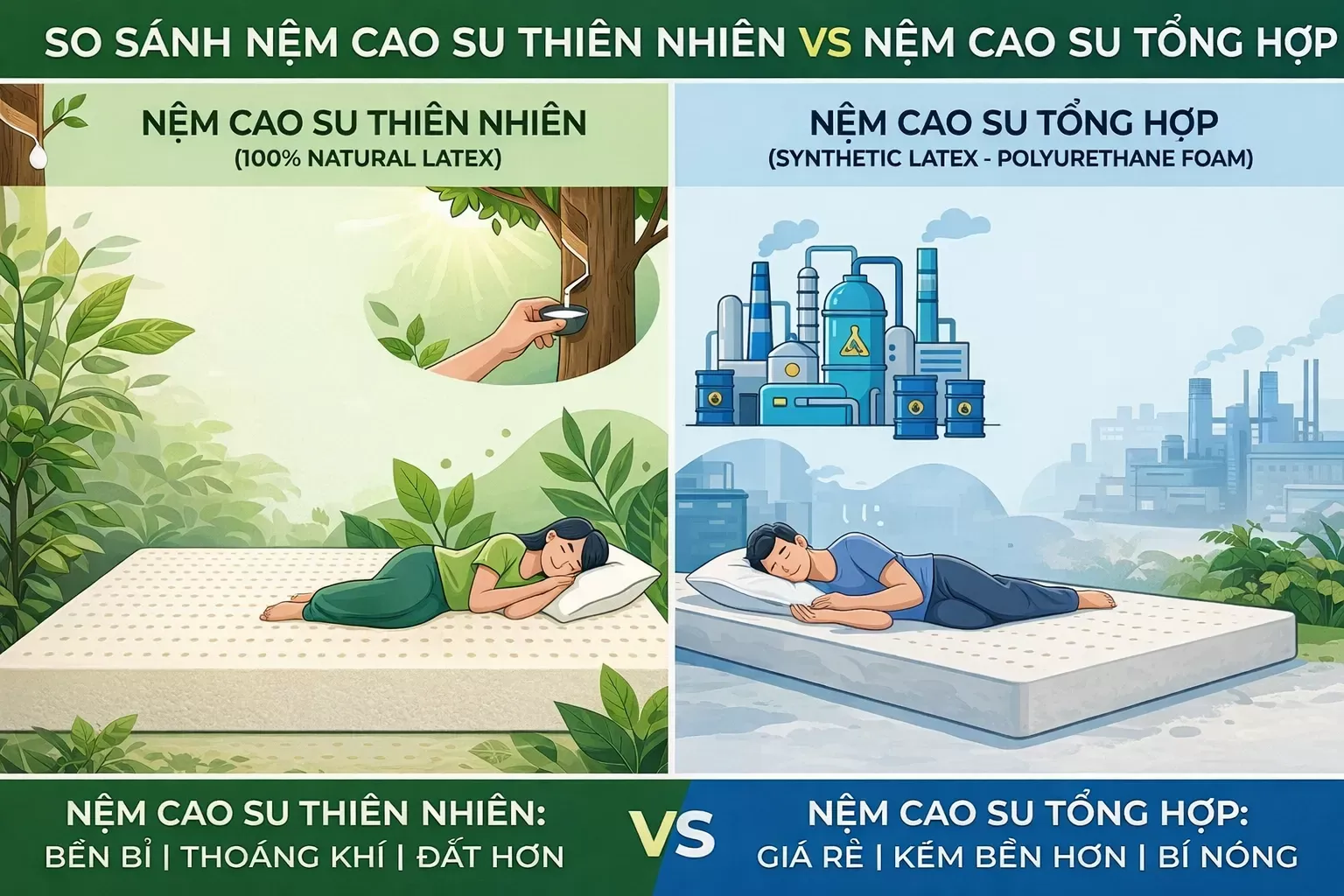So sánh nệm cao su thiên nhiên và nệm cao su tổng hợp