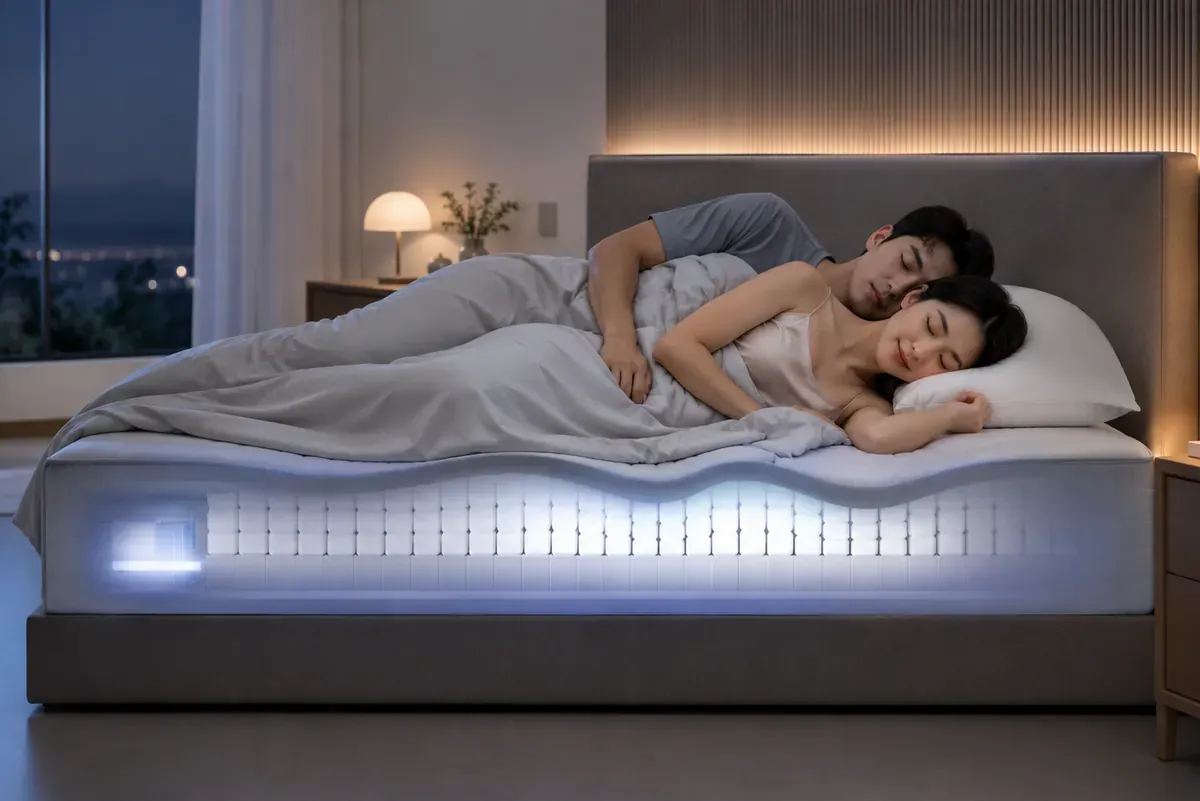 Cặp đôi ngủ trên nệm có lõi phát sáng minh họa cấu trúc bên trong