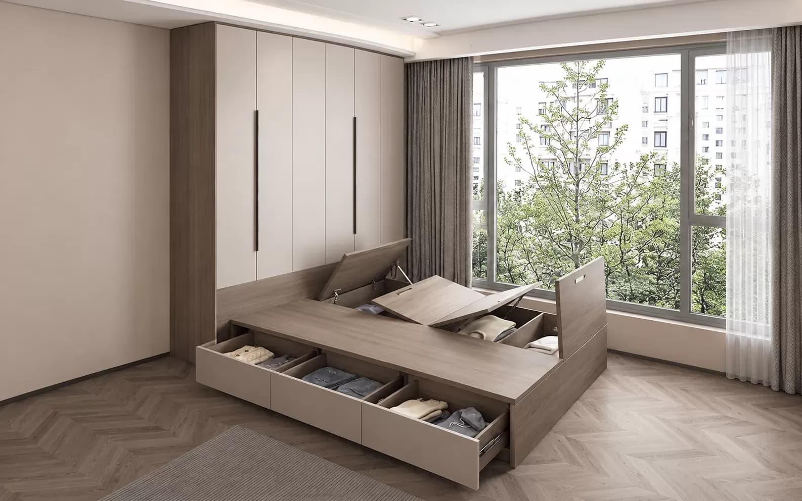 Giường thông minh tích hợp các ngăn chứa đồ, hộc kéo hiện đại